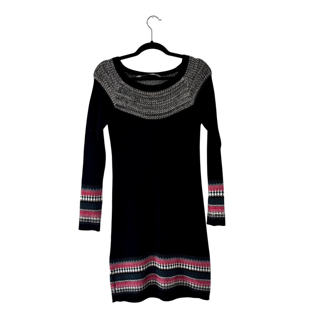 Athleta Fair Isle Sweater Dress XS Black Cotton Cable Knit Winter Nordic Mini